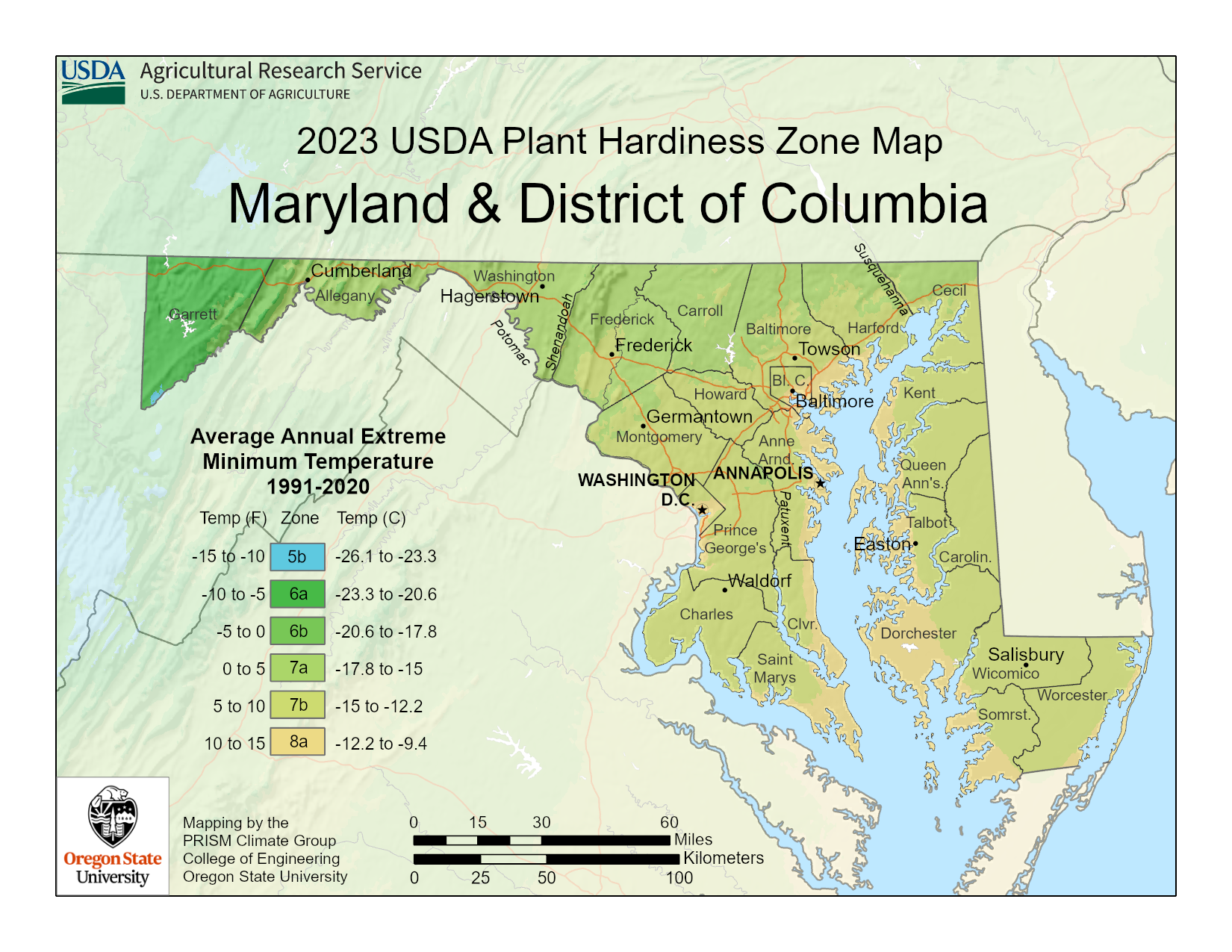 2023 USDA Plant Hardiness Zone Map - Maryland and District of Columbia - Courtesy of USDA Agricultural Research Service